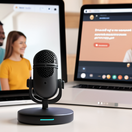 **

A friendly, helpful AI voice assistant icon gently guiding a user through an online course sign-up process. The assistant is represented by a modern, minimalist microphone design. The background shows a blurred scene of happy people learning online, conveying a sense of community and social proof. Subtle elements suggesting urgency, like a timer, are present but not overwhelming.

**