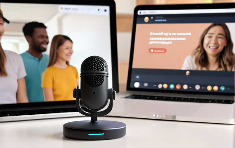 **
A friendly, helpful AI voice assistant icon gently guiding a user through an online course sign-up process. The assistant is represented by a modern, minimalist microphone design. The background shows a blurred scene of happy people learning online, conveying a sense of community and social proof. Subtle elements suggesting urgency, like a timer, are present but not overwhelming.
**