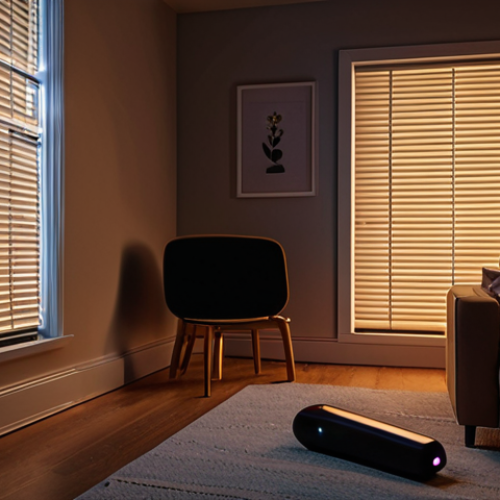 A cozy living room at night, lights dimmed, with a voice assistant (like Google Assistant) glowing softly. In the background, smart blinds are closing, and a relaxing song is visualized through subtle light patterns.