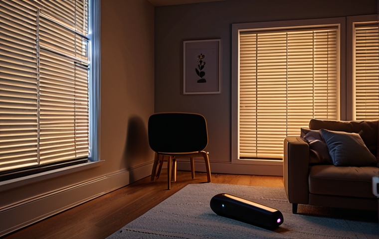 A cozy living room at night, lights dimmed, with a voice assistant (like Google Assistant) glowing softly. In the background, smart blinds are closing, and a relaxing song is visualized through subtle light patterns.