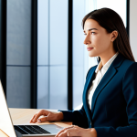 A professional woman in a modest, contemporary business suit, sitting comfortably at a sleek desk in a sunlit home office. She is looking towards a discreet voice assistant device, her expression calm and engaged, suggesting a seamless and intuitive interaction. The background features modern decor and soft, diffused light, highlighting a personalized tech experience. Fully clothed, appropriate attire, safe for work, perfect anatomy, correct proportions, natural pose, well-formed hands, proper finger count, natural body proportions, professional, high quality, sharp focus.