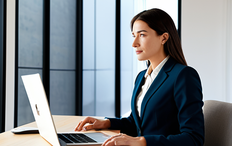 A professional woman in a modest, contemporary business suit, sitting comfortably at a sleek desk in a sunlit home office. She is looking towards a discreet voice assistant device, her expression calm and engaged, suggesting a seamless and intuitive interaction. The background features modern decor and soft, diffused light, highlighting a personalized tech experience. Fully clothed, appropriate attire, safe for work, perfect anatomy, correct proportions, natural pose, well-formed hands, proper finger count, natural body proportions, professional, high quality, sharp focus.