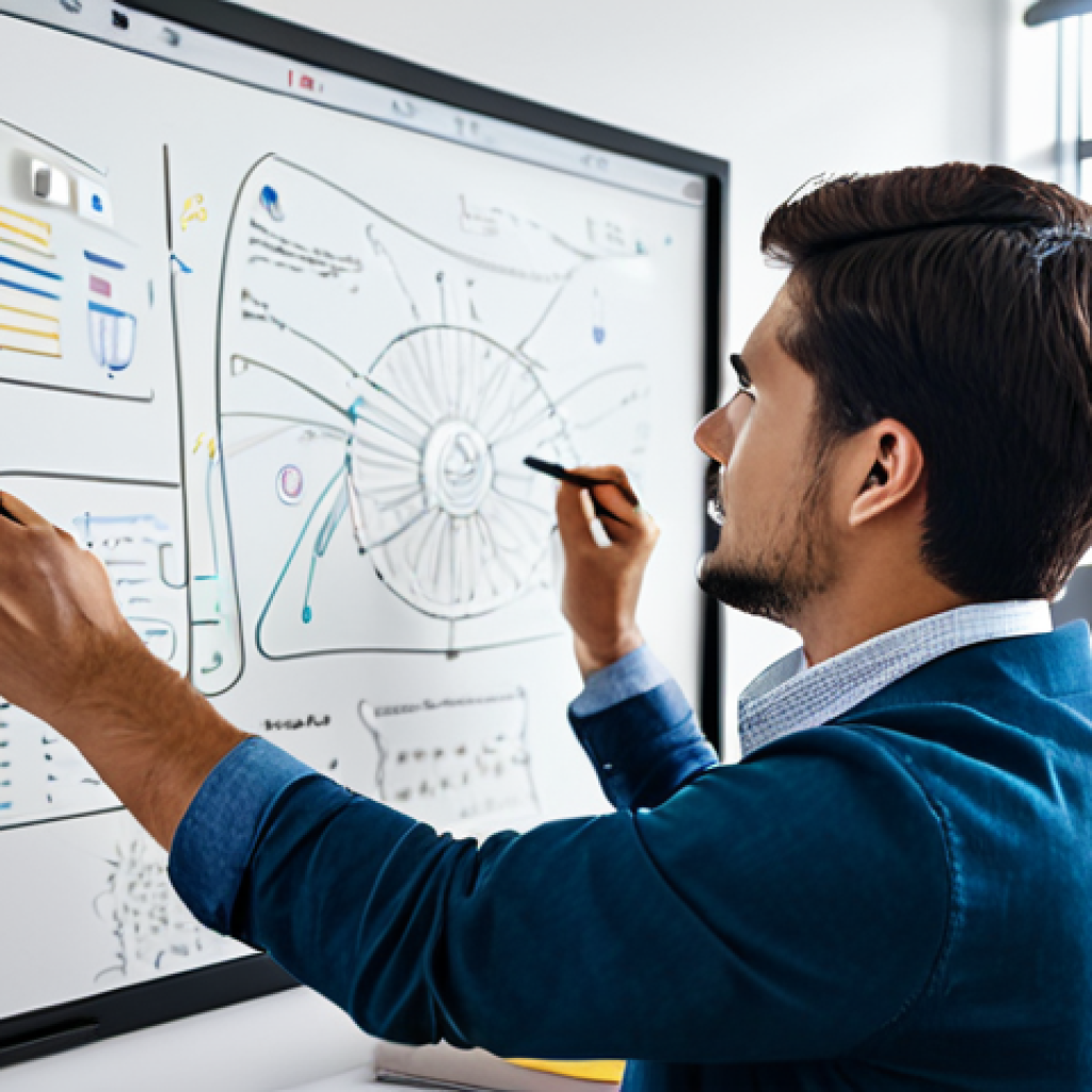 Voice UI Design in a Modern Office**

A product designer in a modern, brightly lit office, fully clothed in business casual attire, is sketching interface concepts on a whiteboard. The whiteboard displays diagrams related to voice interaction flows and UI elements. Several colleagues are collaborating around a table nearby, discussing user feedback. The scene conveys a collaborative and innovative atmosphere. safe for work, appropriate content, professional environment, perfect anatomy, well-formed hands, natural pose, high quality.

**