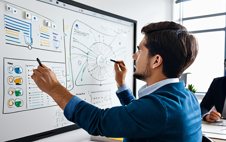 Voice UI Design in a Modern Office**

A product designer in a modern, brightly lit office, fully clothed in business casual attire, is sketching interface concepts on a whiteboard. The whiteboard displays diagrams related to voice interaction flows and UI elements. Several colleagues are collaborating around a table nearby, discussing user feedback. The scene conveys a collaborative and innovative atmosphere. safe for work, appropriate content, professional environment, perfect anatomy, well-formed hands, natural pose, high quality.

**