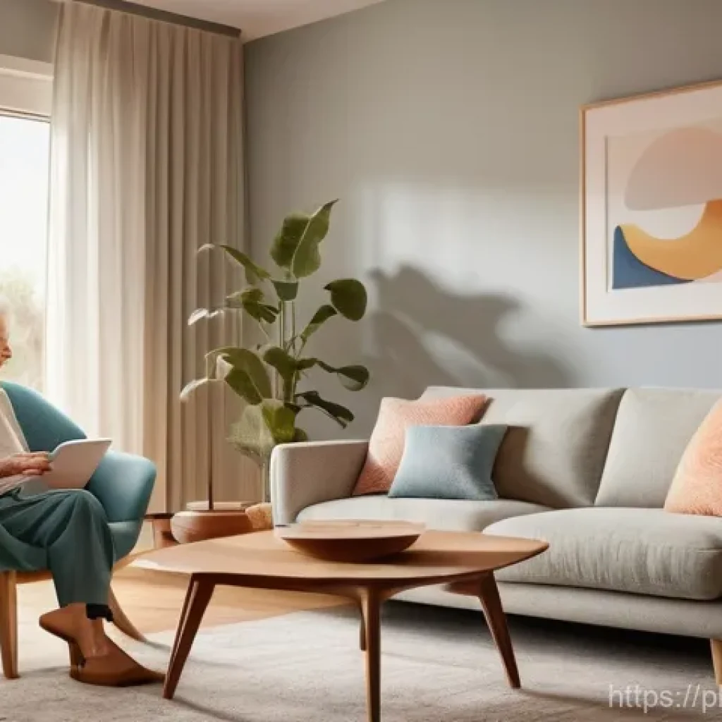 음성 인터페이스 설계의 대안 기술 분석 - **Prompt:** A cozy, futuristic living room bathed in soft, warm light. An elderly woman, with a kind...