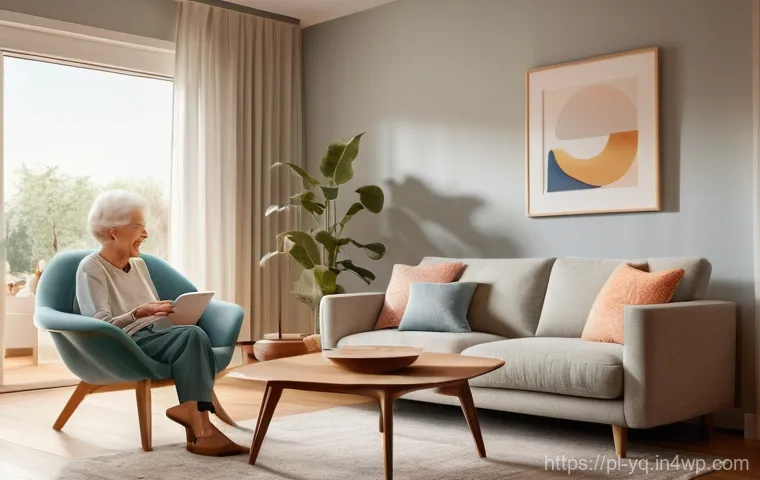 음성 인터페이스 설계의 대안 기술 분석 - **Prompt:** A cozy, futuristic living room bathed in soft, warm light. An elderly woman, with a kind...