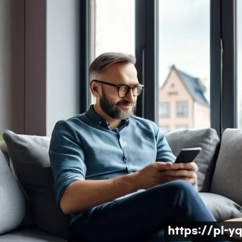 음성 인터페이스와 소셜 미디어의 연계 - A modern, cozy living room scene in Warsaw, Poland, featuring a middle-aged man using a sleek smartp...