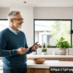 음성 인터페이스 설계 시 피해야 할 흔한 실수 - A modern Polish home interior scene showing a middle-aged man interacting naturally with a sleek voi...