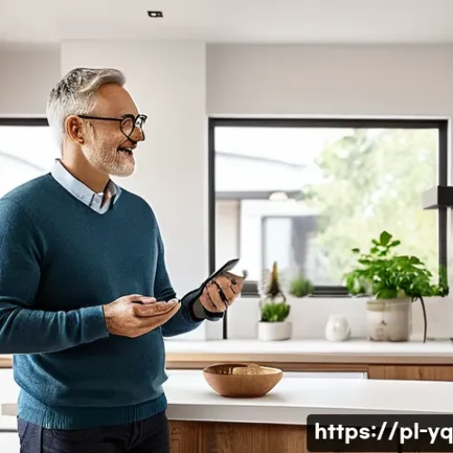 음성 인터페이스 설계 시 피해야 할 흔한 실수 - A modern Polish home interior scene showing a middle-aged man interacting naturally with a sleek voi...