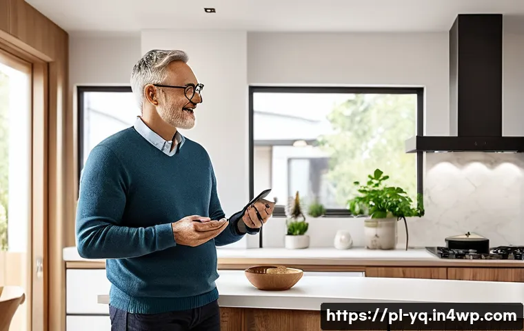 음성 인터페이스 설계 시 피해야 할 흔한 실수 - A modern Polish home interior scene showing a middle-aged man interacting naturally with a sleek voi...