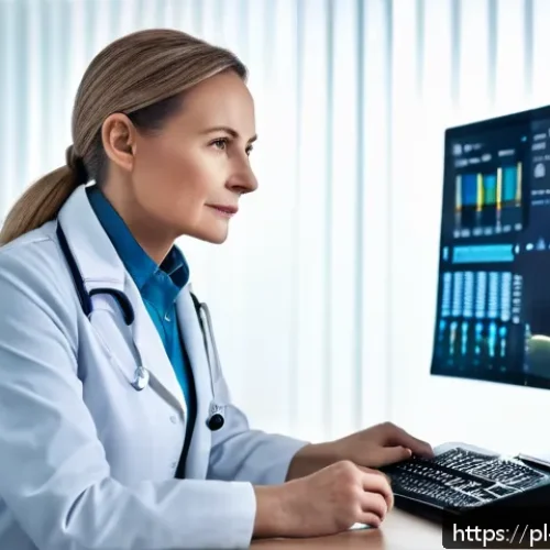 업종별 맞춤형 음성 인터페이스 설계 전략 - A professional medical office scene featuring a middle-aged female doctor speaking calmly and empath...