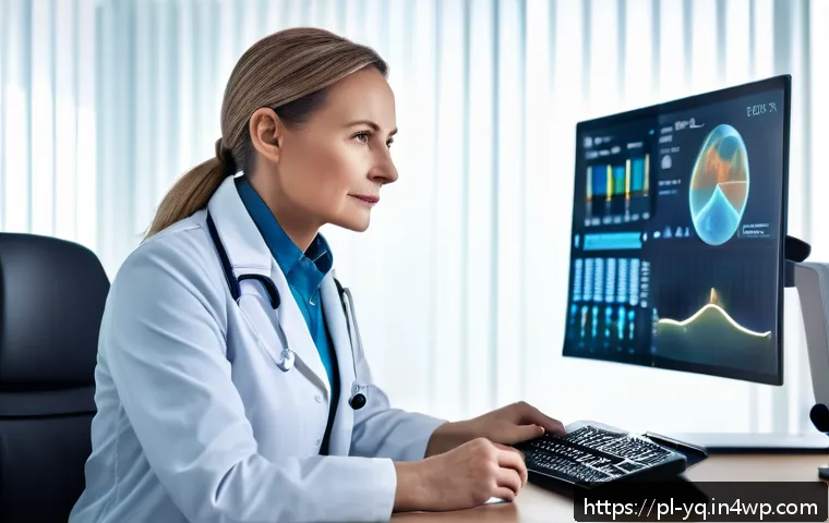 업종별 맞춤형 음성 인터페이스 설계 전략 - A professional medical office scene featuring a middle-aged female doctor speaking calmly and empath...