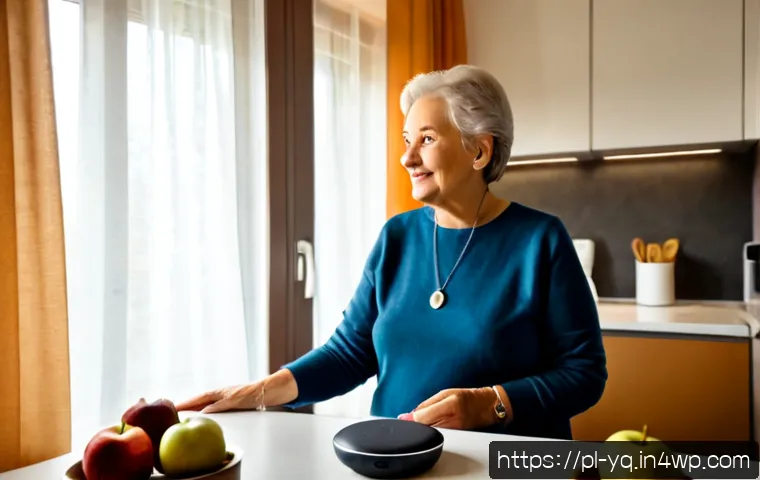 음성 인터페이스와 대화형 AI의 활용 - Photorealistic Polish senior woman in a warm modern apartment kitchen, speaking naturally toward a s...